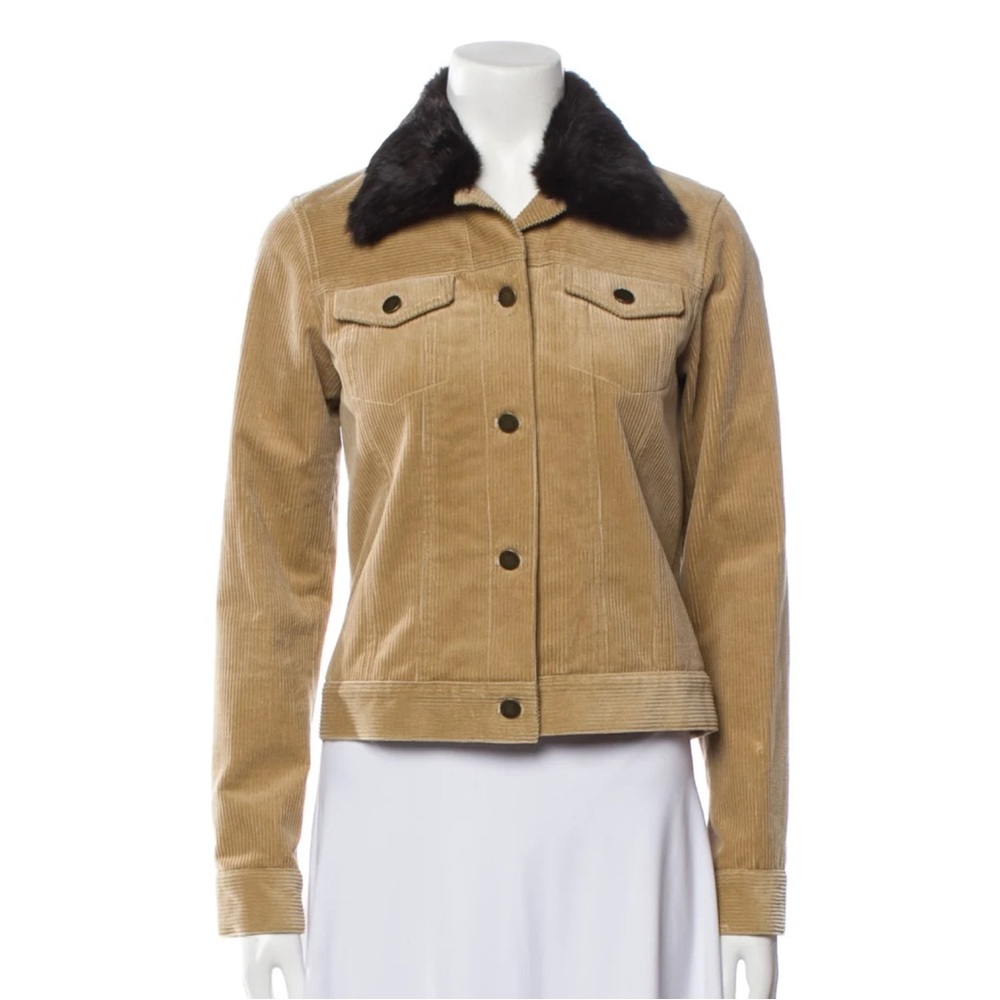 Theory Tan Corduroy Jacket with Black Rabbit Fur Collar S